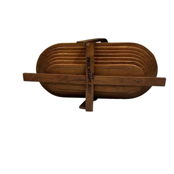 Paul Wright Collapsible Brown Wooden Basket With Handle Oval Shaped Storage - Picture 7 of 12